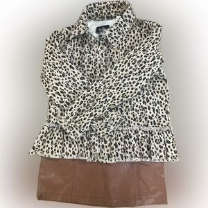 Girls Outfit Bundle – Size 7/8 | Leopard Jacket, White Top & Faux Leather Skirt